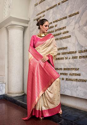 Cream Zardosi Silk Saree Set