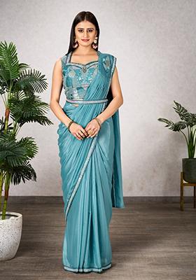 Sky Blue Embroidered Georgette Saree Set