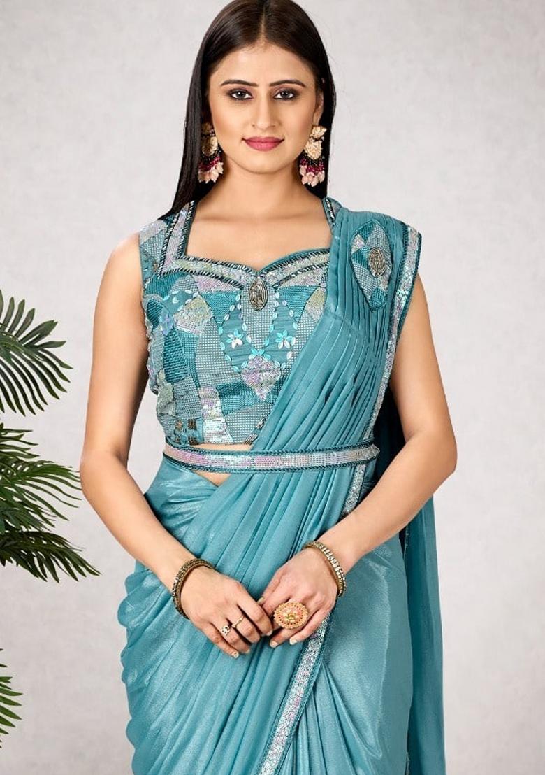 Sky Blue Embroidered Georgette Saree Set