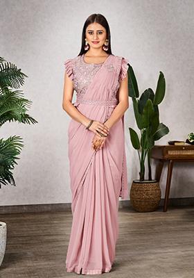 Pink Embroidered Georgette Saree Set