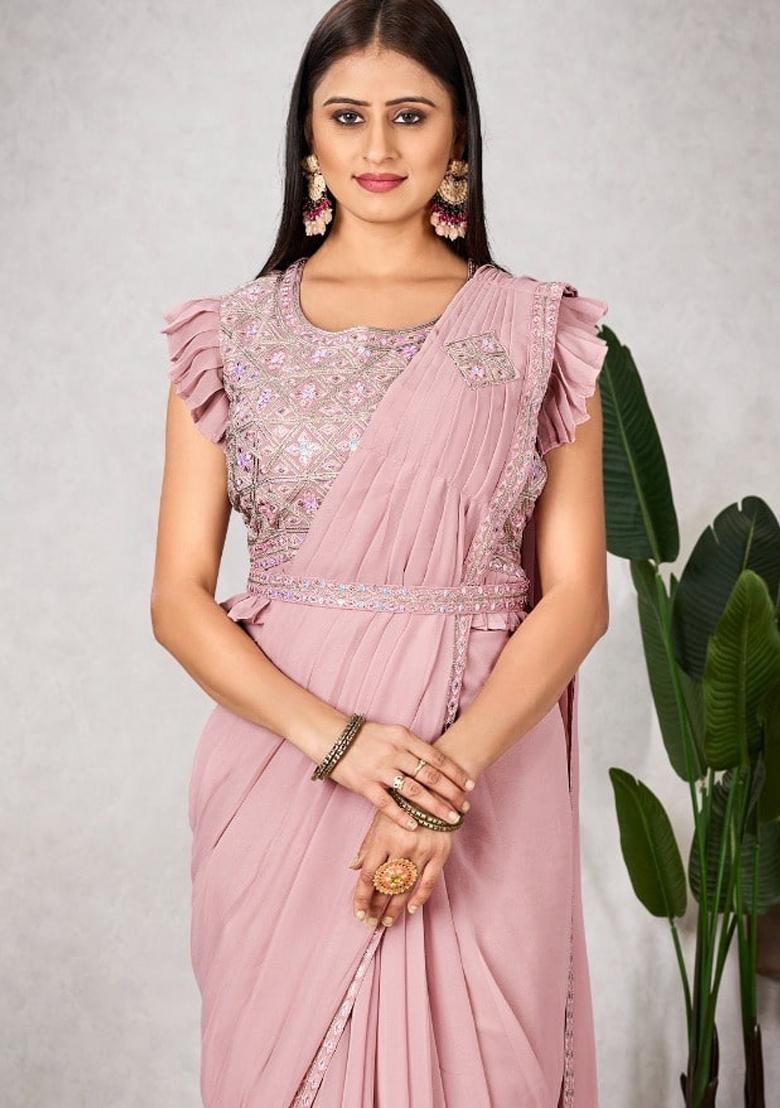 Pink Embroidered Georgette Saree Set