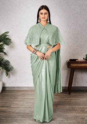 Olive Green Embroidered Georgette Saree Set