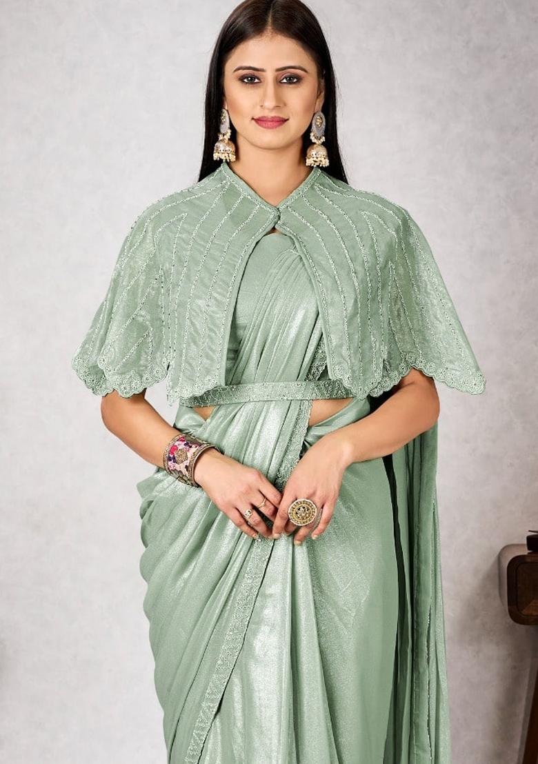 Olive Green Embroidered Georgette Saree Set