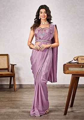 Mauve Blue Embroidered Georgette Saree Set