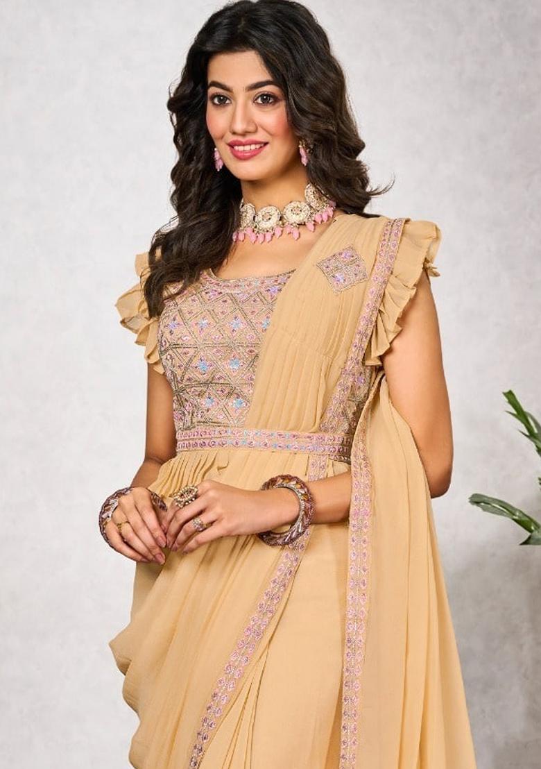 Yellow Embroidered Georgette Saree Set