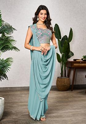 Blue Embroidered Georgette Saree Set