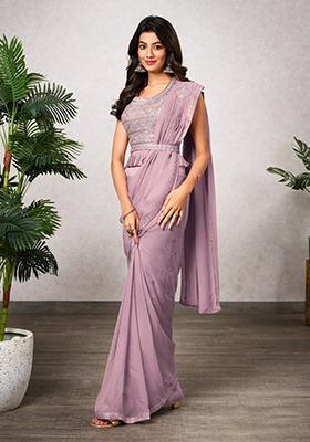 Purple Embroidered Georgette Saree Set