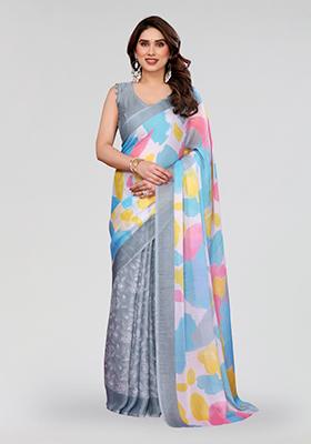 Grey Printed Chiffon Saree Set