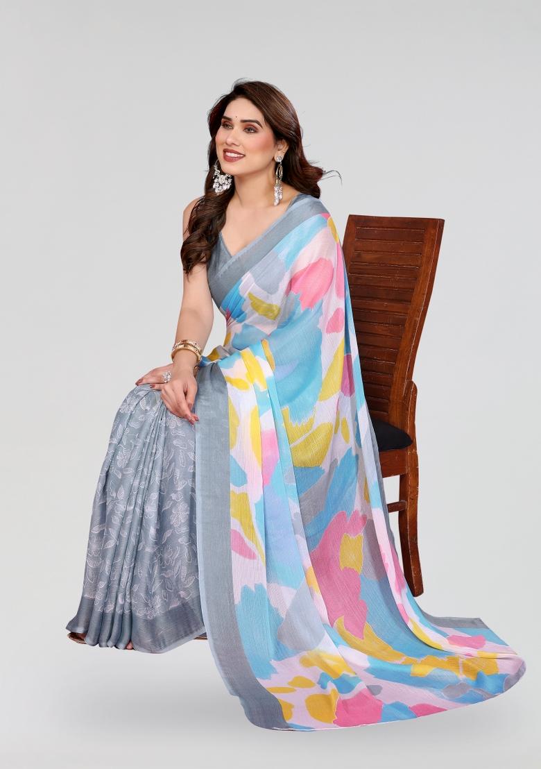 Grey Printed Chiffon Saree Set