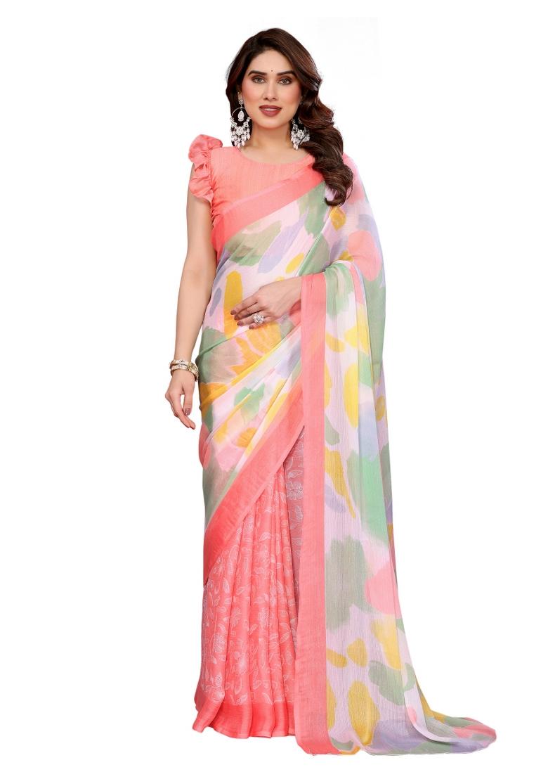 Peach Printed Chiffon Saree Set