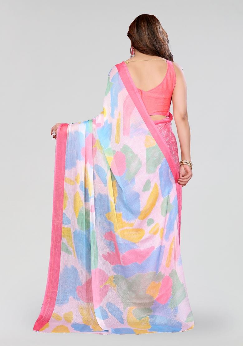 Pink Printed Chiffon Saree Set