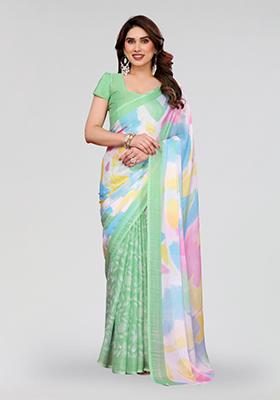 Pista Green Printed Chiffon Saree Set