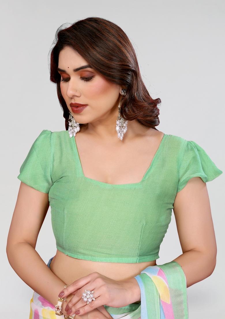 Pista Green Printed Chiffon Saree Set