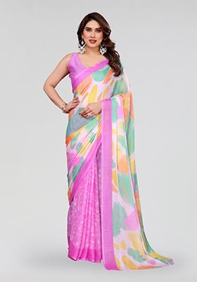 Purple Printed Chiffon Saree Set