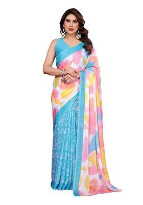 Sky Blue Printed Chiffon Saree Set