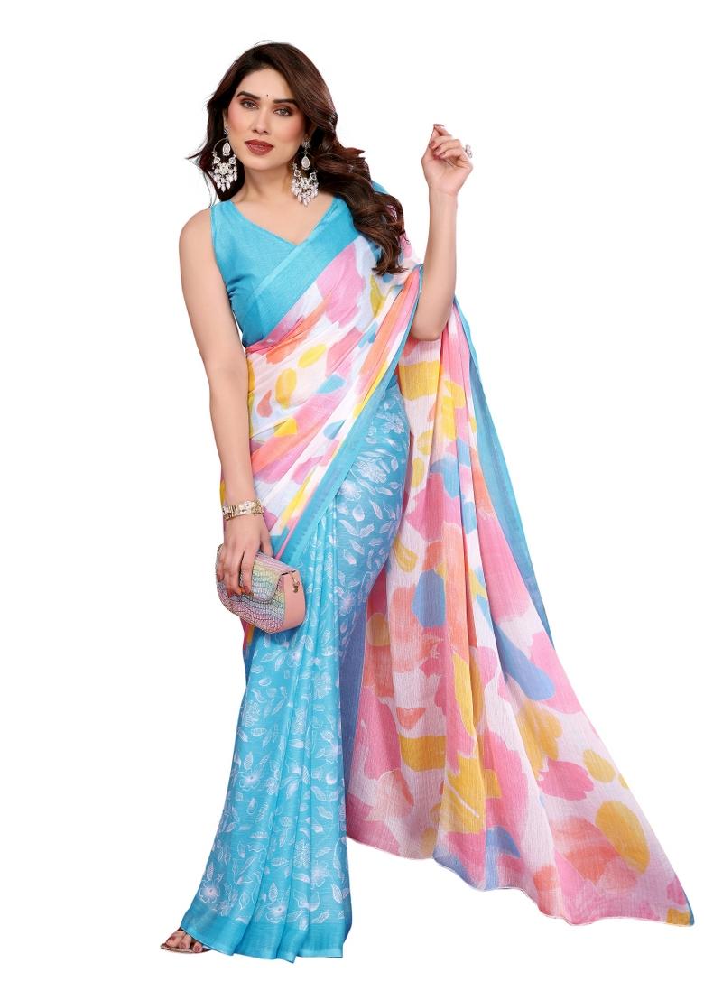 Sky Blue Printed Chiffon Saree Set