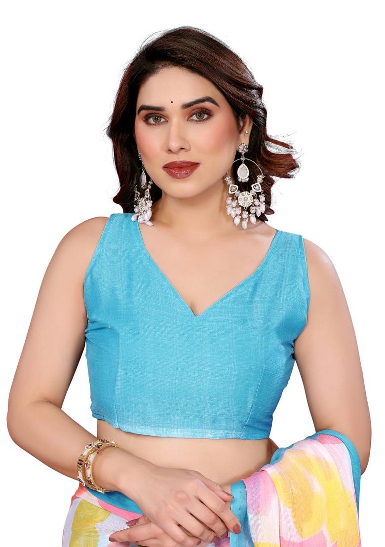 Sky Blue Printed Chiffon Saree Set