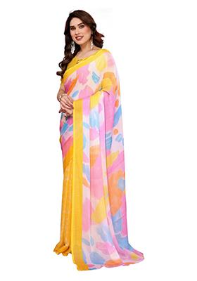 Yellow Printed Chiffon Saree Set