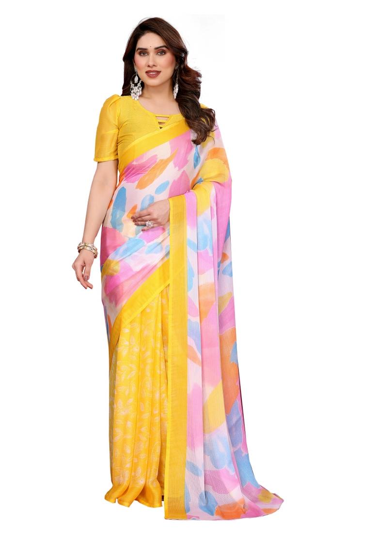 Yellow Printed Chiffon Saree Set