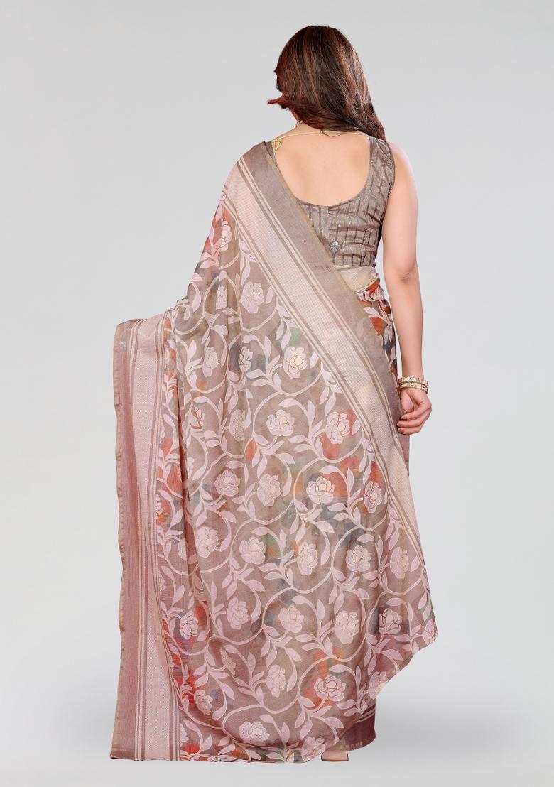 Grey Printed Chiffon Saree Set