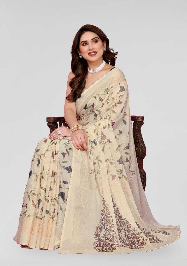 White Printed Chiffon Saree Set
