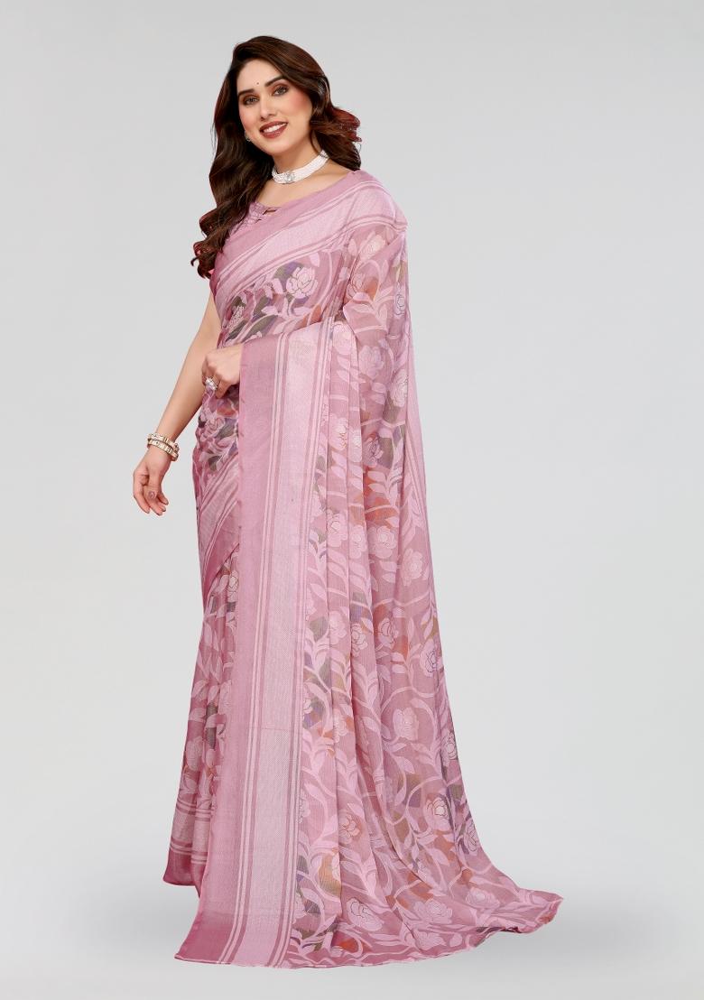 Pink Printed Chiffon Saree Set