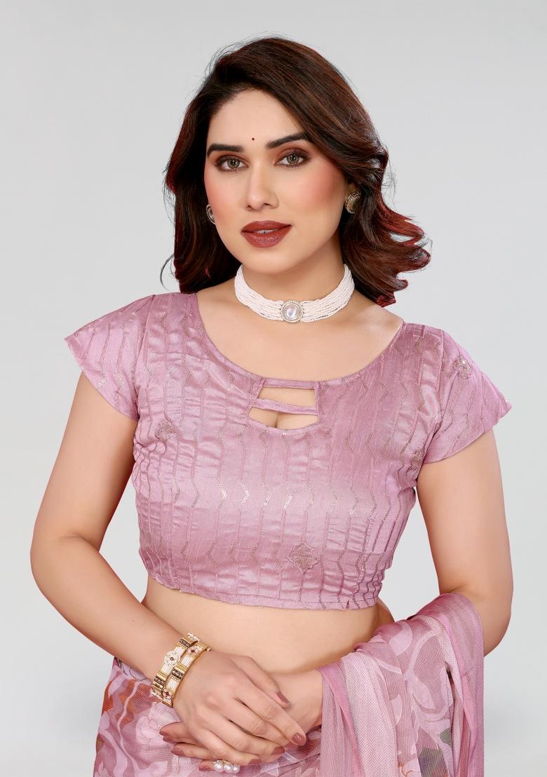 Pink Printed Chiffon Saree Set