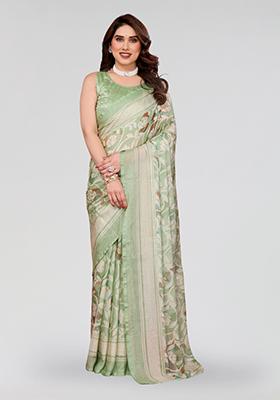 Pista Green Printed Chiffon Saree Set
