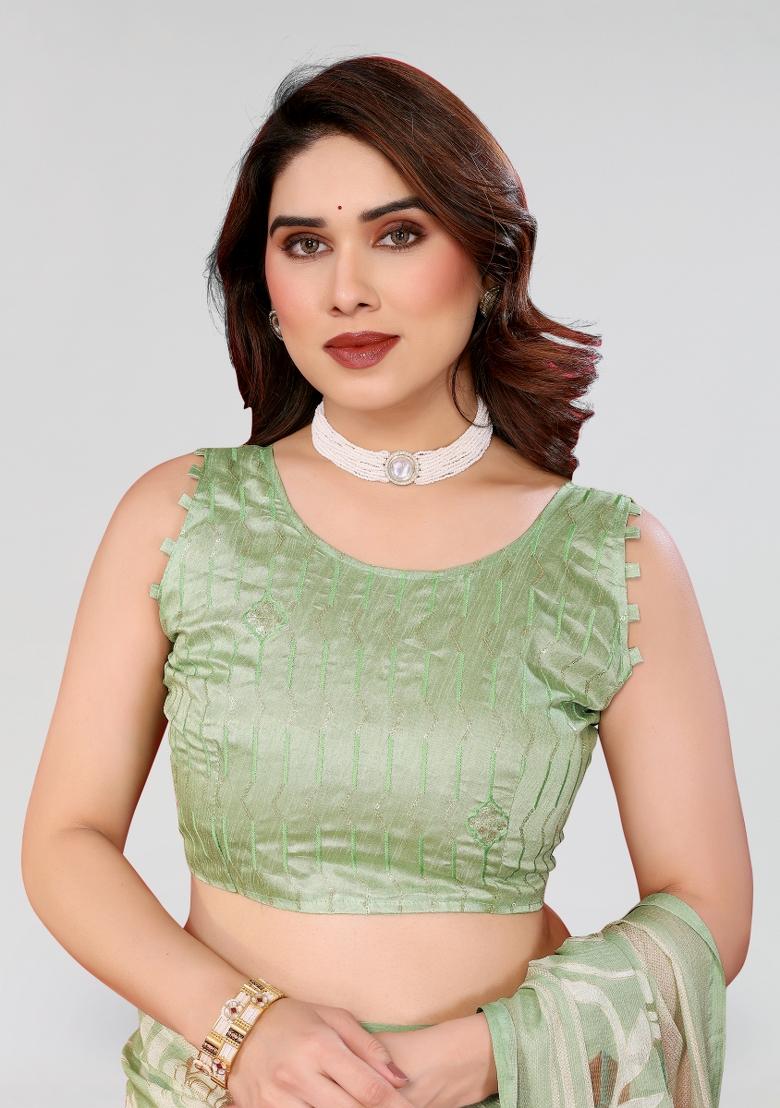 Pista Green Printed Chiffon Saree Set