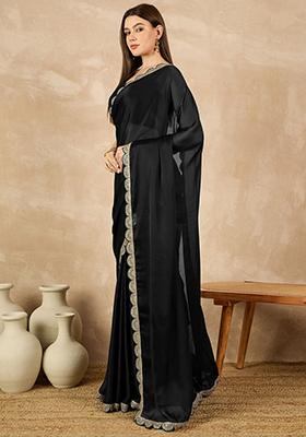 Black Solid Chiffon Saree Set