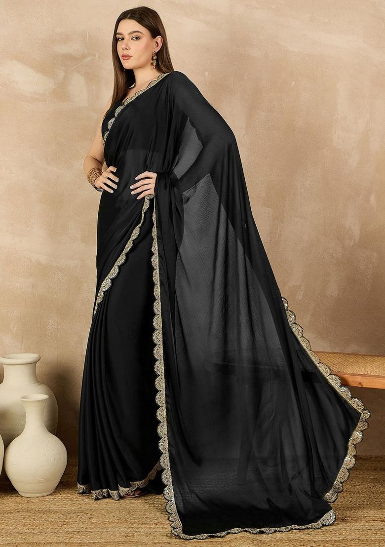 Black Solid Chiffon Saree Set