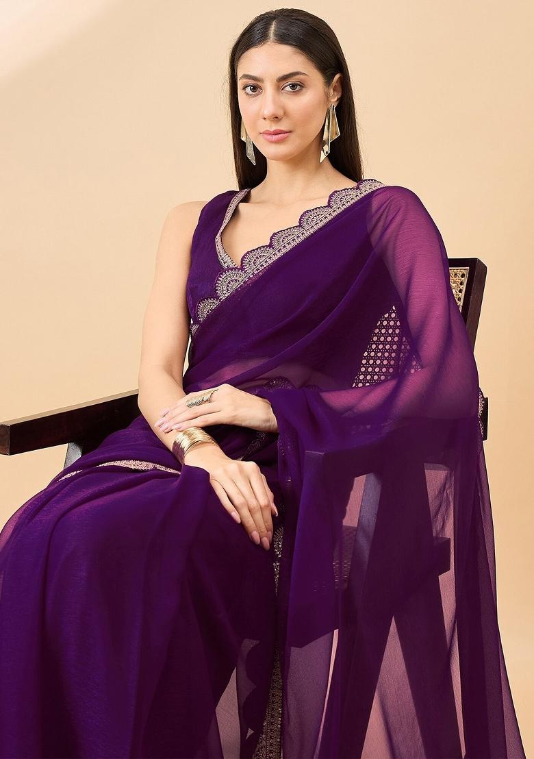Purple Solid Chiffon Saree Set