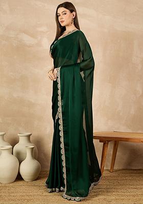 Green Solid Chiffon Saree Set