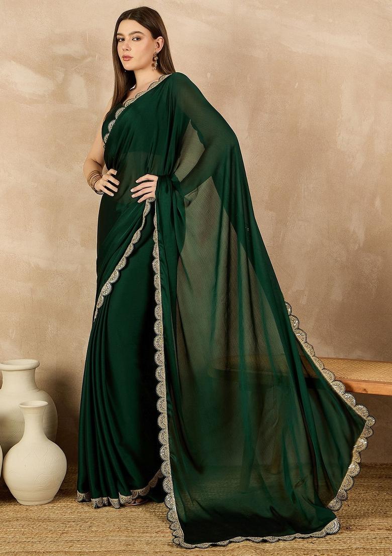 Green Solid Chiffon Saree Set