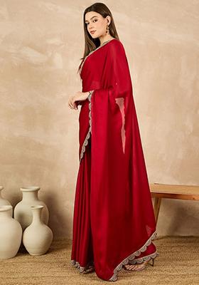 Red Solid Chiffon Saree Set