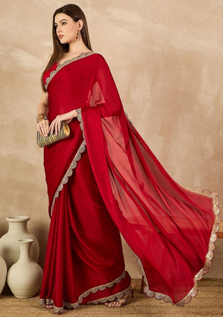 Red Solid Chiffon Saree Set