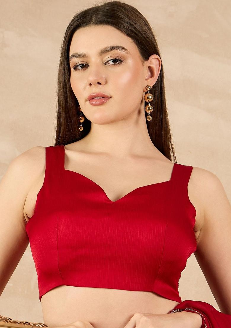 Red Solid Chiffon Saree Set