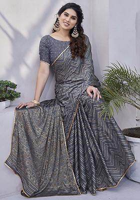 Grey Printed Chinon Saree Set