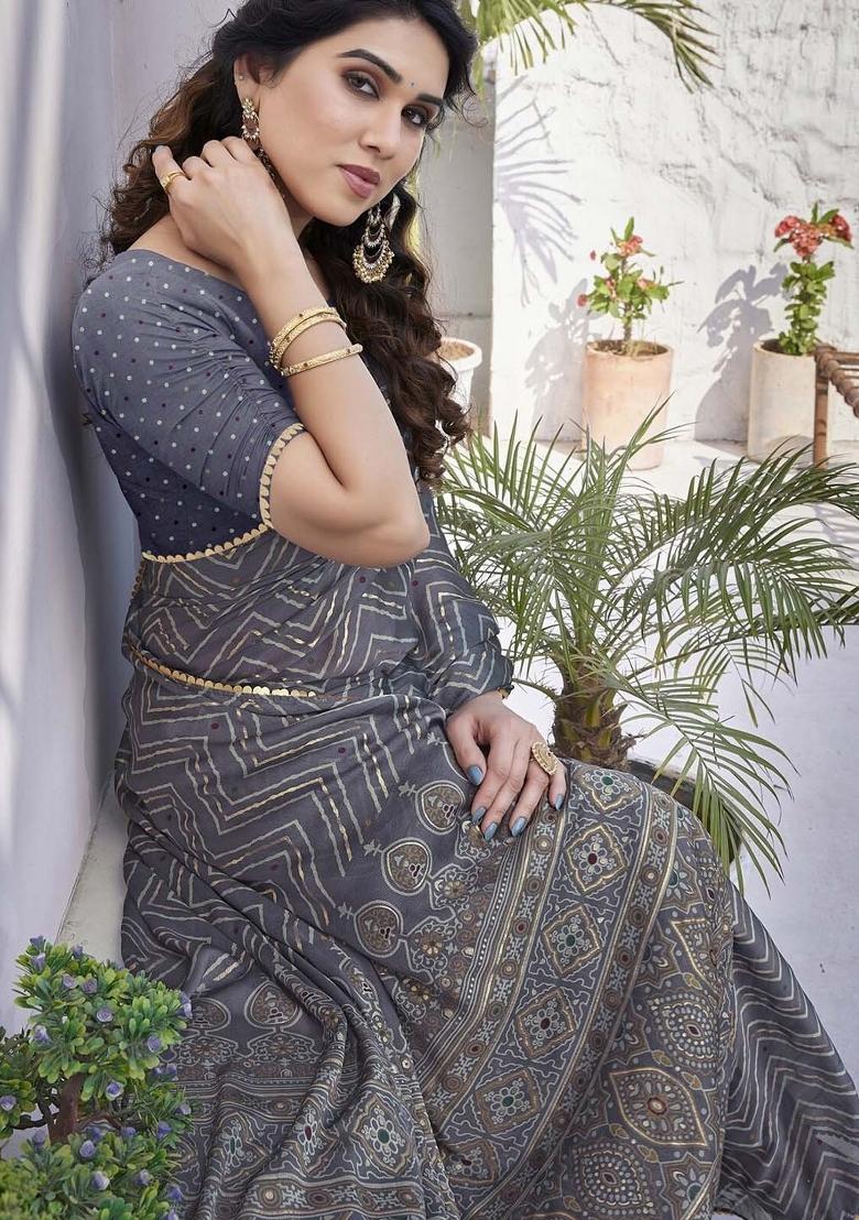Grey Printed Chinon Saree Set