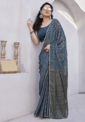 Multi Printed Chinon Saree Set