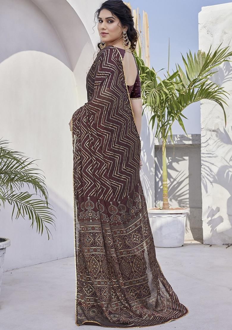 Wine Printed Chinon Saree Set