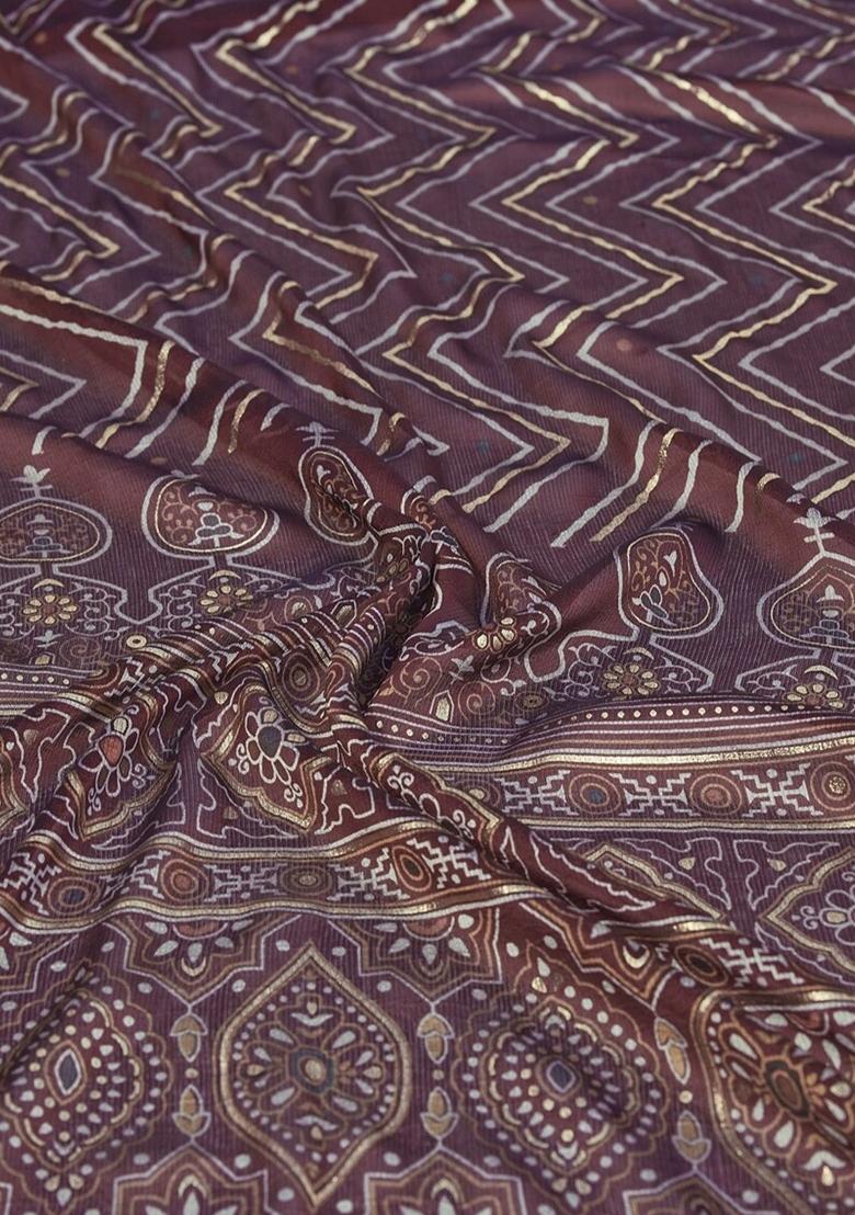 Wine Printed Chinon Saree Set
