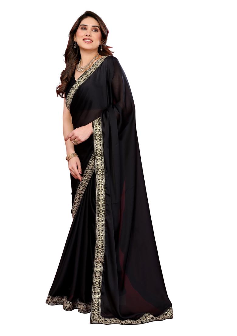 Black Solid Chiffon Saree Set
