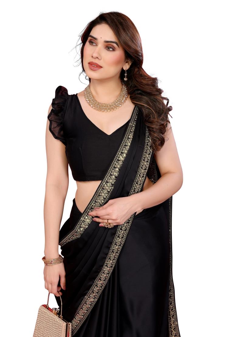 Black Solid Chiffon Saree Set