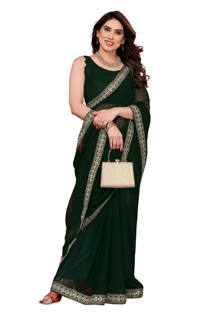 Green Solid Georgette Saree Set