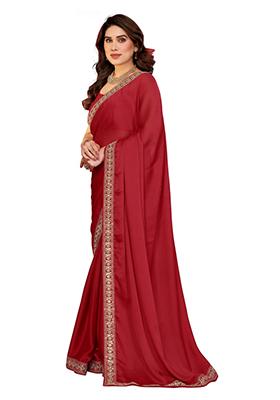 Red Solid Chiffon Saree Set