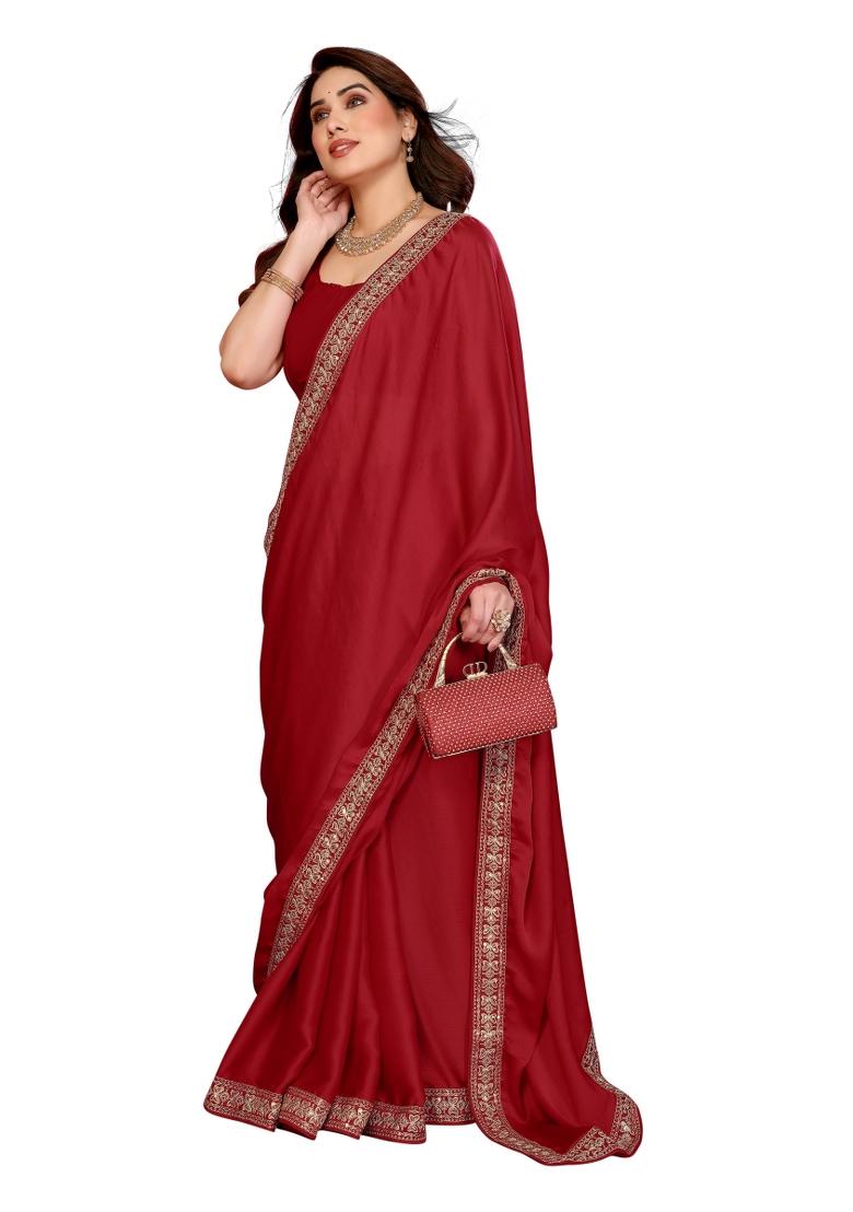 Red Solid Chiffon Saree Set