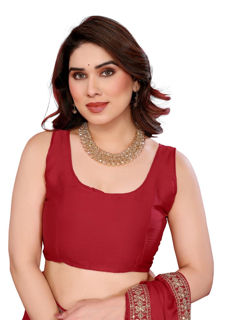 Red Solid Chiffon Saree Set