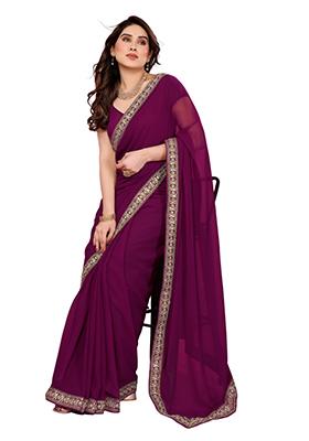 Wine Solid Georgette Saree Set