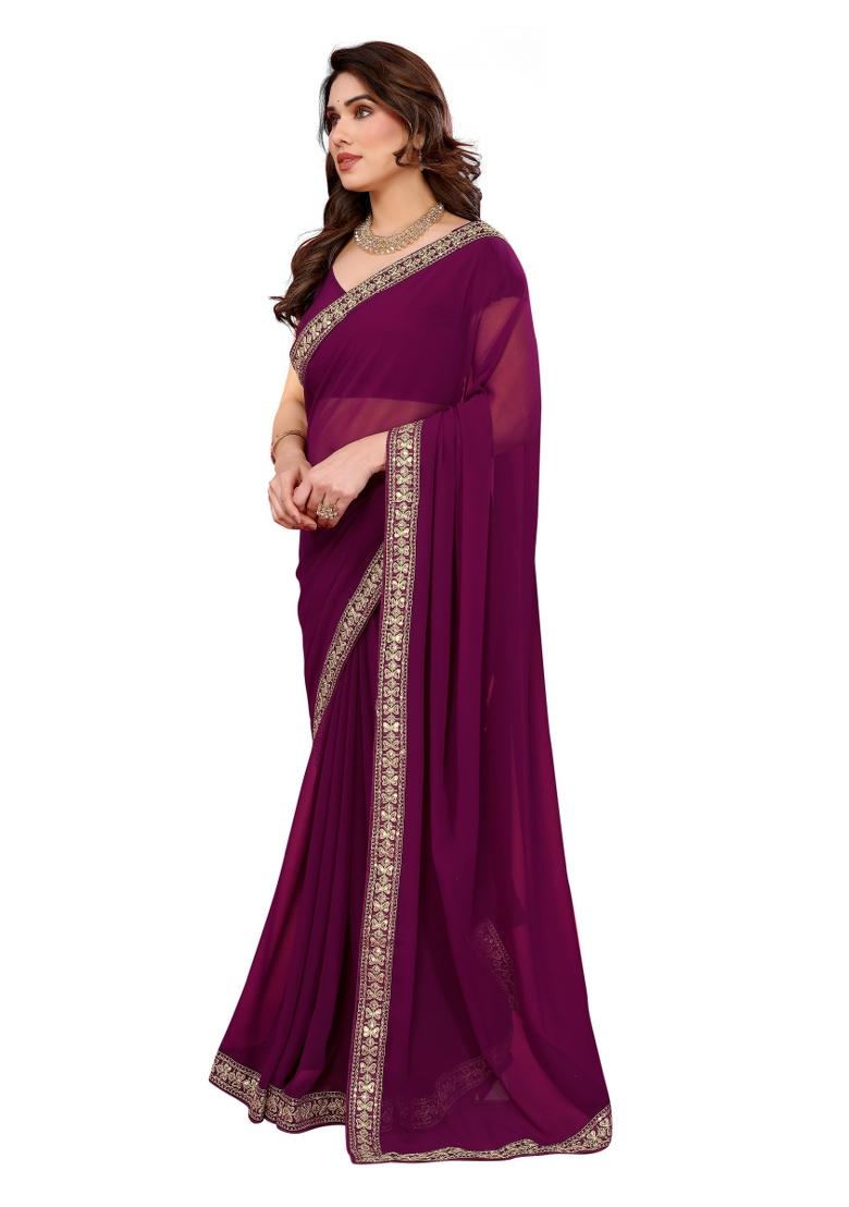Wine Solid Georgette Saree Set